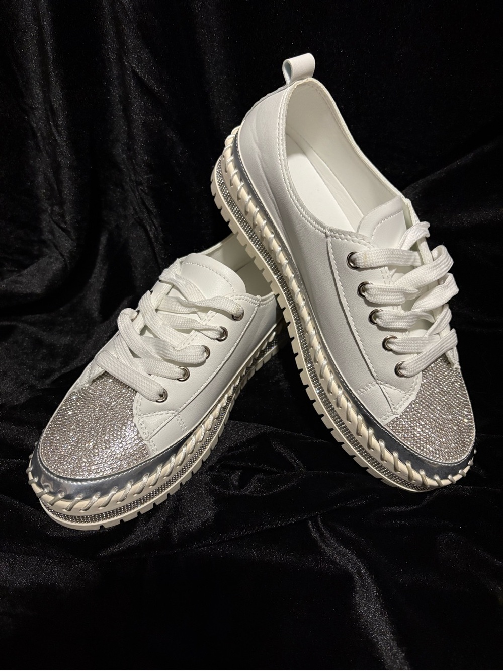 White and Silver Women’s Rhinestone Platform Sneakers